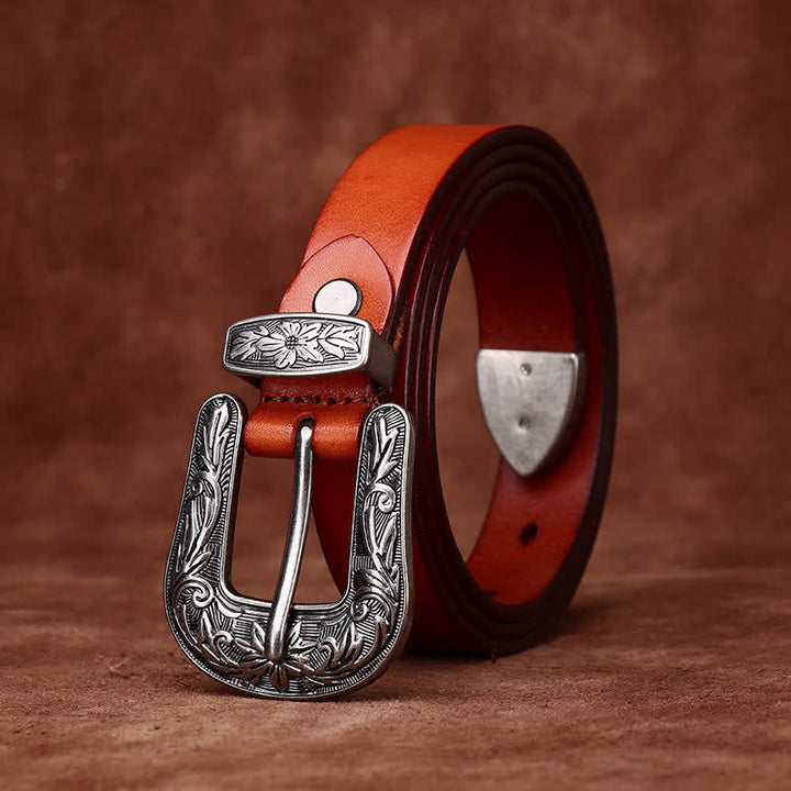 Retro Carved Buckle Western Style Narrow Leather Belt - image 10