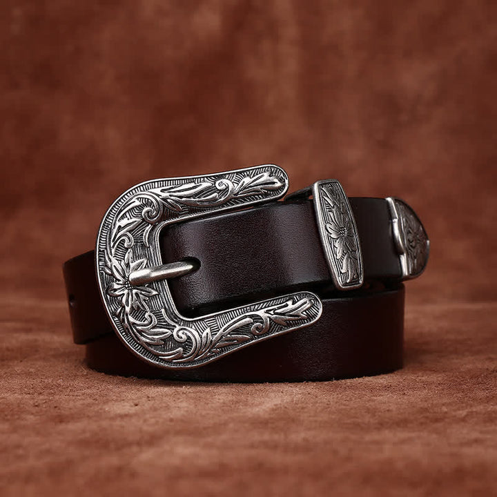 Retro Carved Buckle Western Style Narrow Leather Belt - image 2