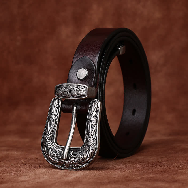 Retro Carved Buckle Western Style Narrow Leather Belt - image 3