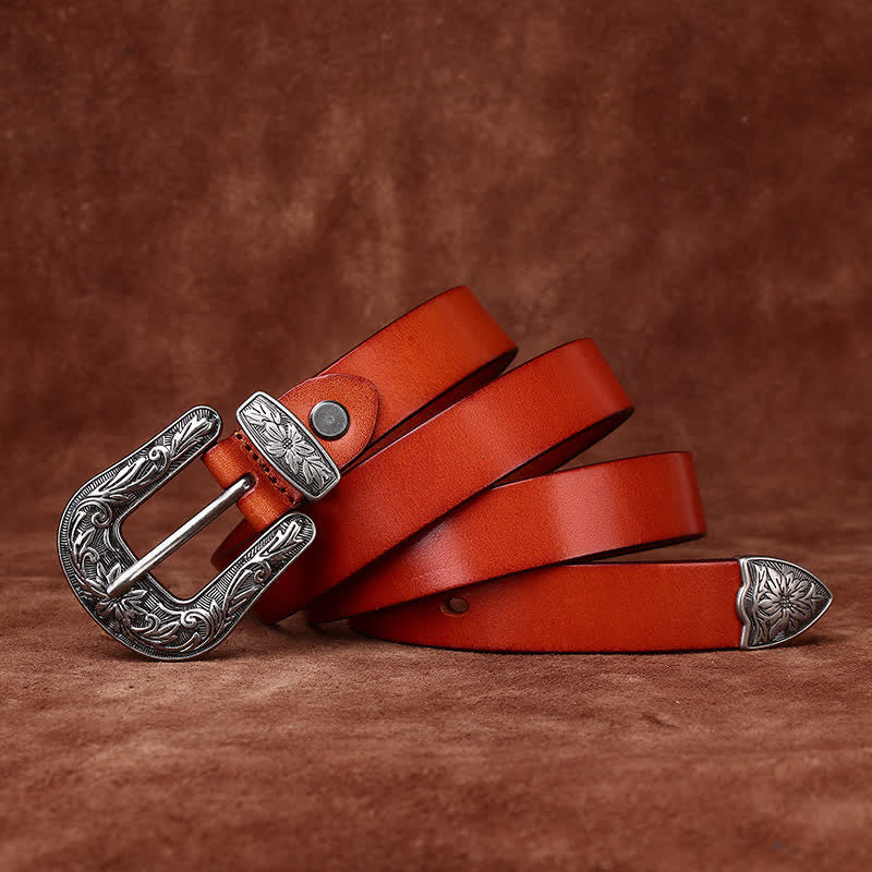 Retro Carved Buckle Western Style Narrow Leather Belt - image 9