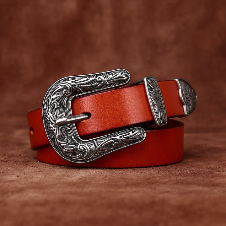 Retro Carved Buckle Western Style Narrow Leather Belt - Orange - 40 - image 8