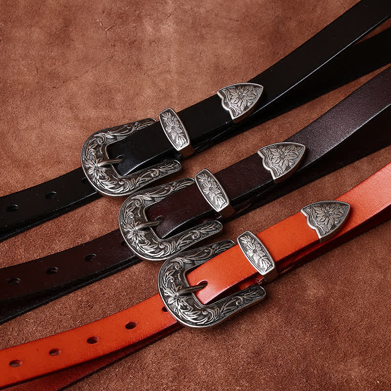 Retro Carved Buckle Western Style Narrow Leather Belt - image 1