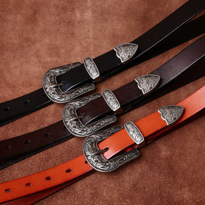 Retro Carved Buckle Western Style Narrow Leather Belt - image 1