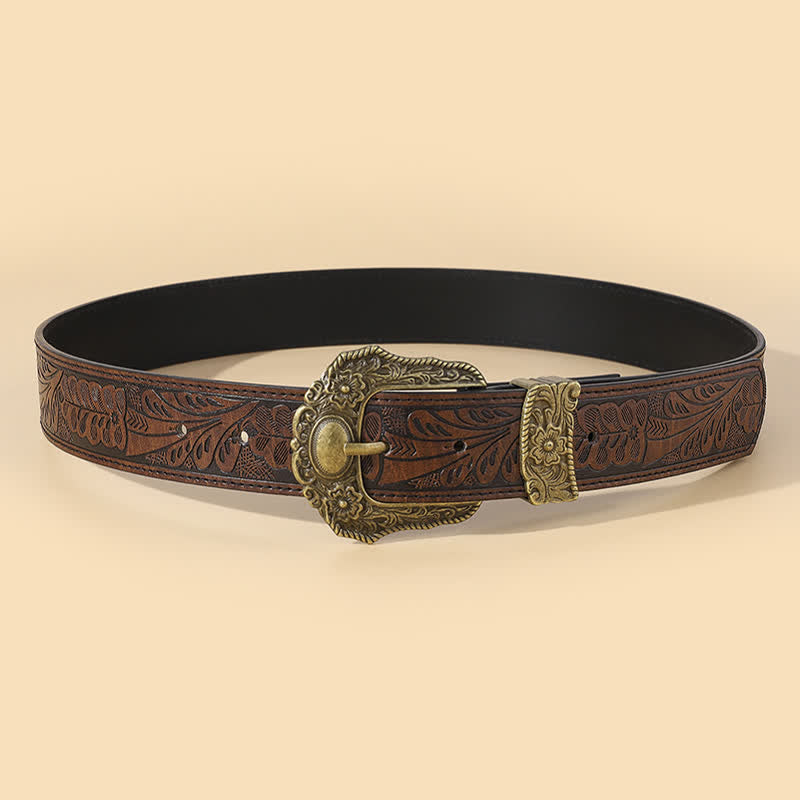 Bronze Carved Buckle Boho Floral Embossment Leather Belt - image 1