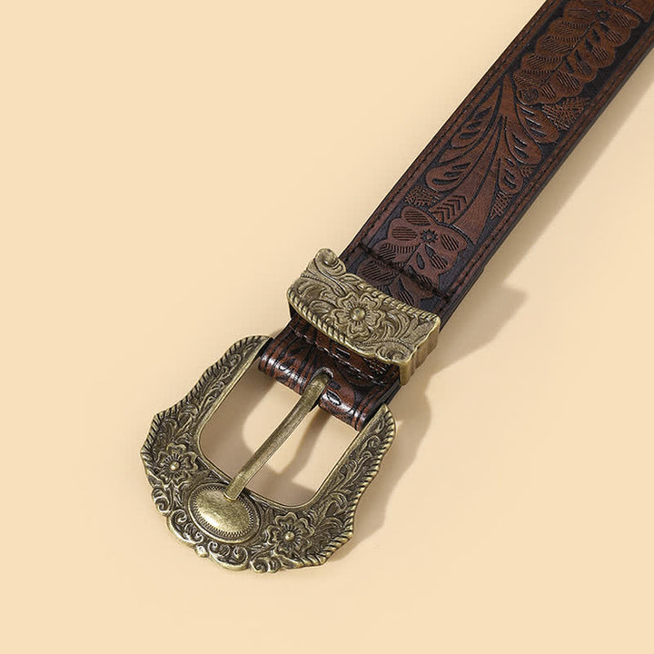 Bronze Carved Buckle Boho Floral Embossment Leather Belt - image 2