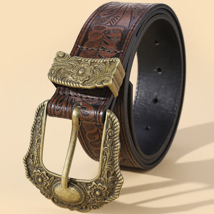 Bronze Carved Buckle Boho Floral Embossment Leather Belt - Brown - 36 - image 0