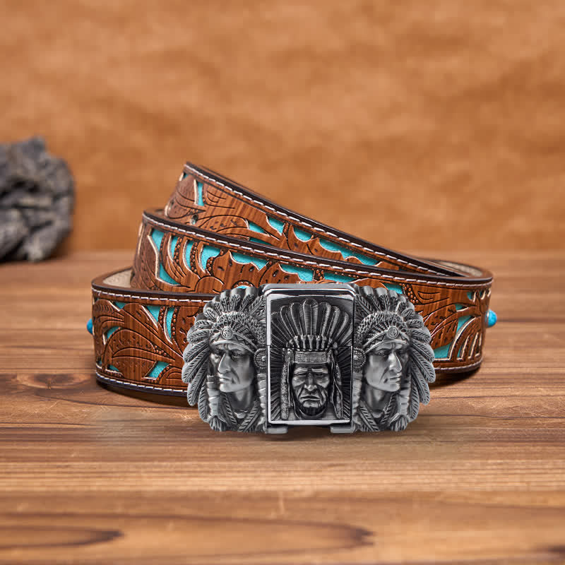 Men's DIY Indian Chief Head Leather Belt with Hidden Lighter - Silver - Turquoise Carved Belt - 42 - image 12