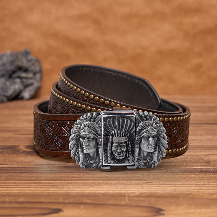 Men's DIY Indian Chief Head Leather Belt with Hidden Lighter - Silver - Brown Rivet Belt - 42 - image 13