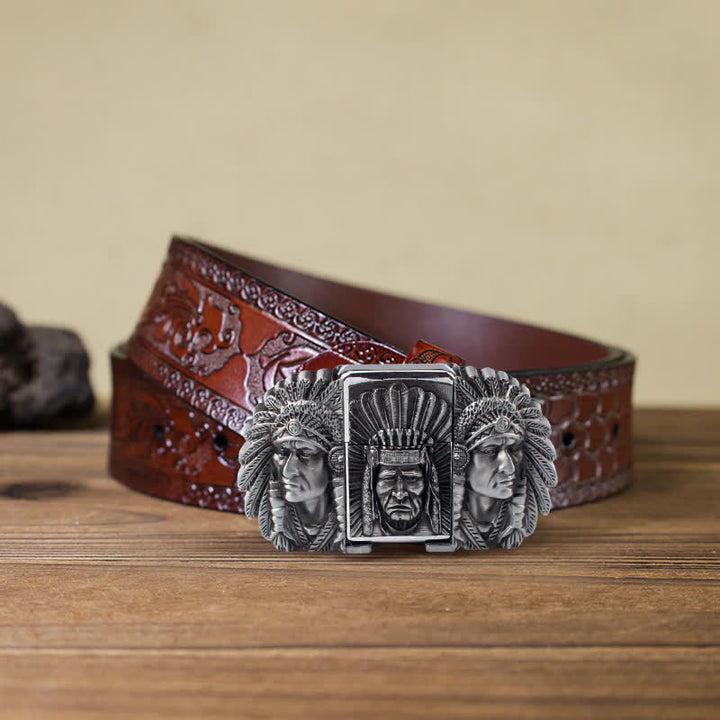 Men's DIY Indian Chief Head Leather Belt with Hidden Lighter - Silver - Brown Carved Belt - 42 - image 15