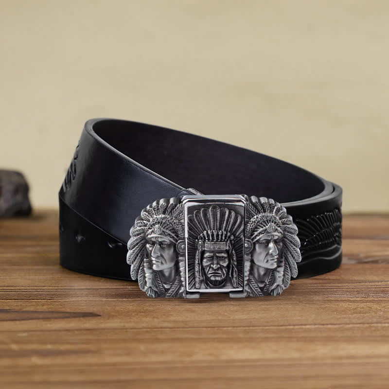 Men's DIY Indian Chief Head Leather Belt with Hidden Lighter - Silver - Black Embossed Eagle Belt - 42 - image 11