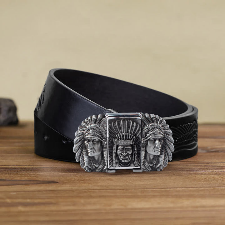 Men's DIY Indian Chief Head Leather Belt with Hidden Lighter - Silver - Black Embossed Eagle Belt - 42 - image 11