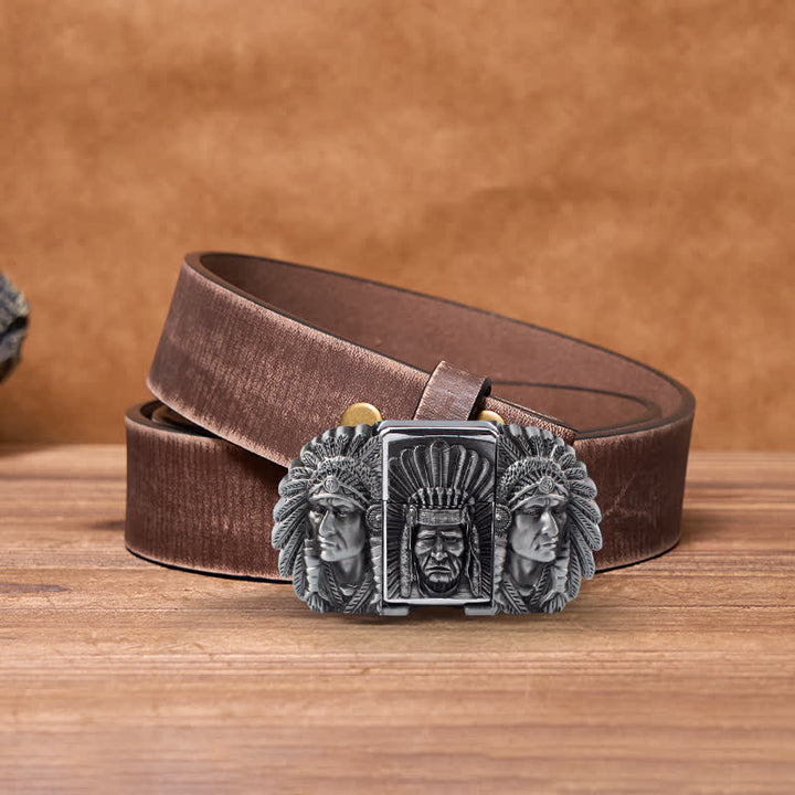 Men's DIY Indian Chief Head Leather Belt with Hidden Lighter - Silver - Brown Distressed Belt - 42 - image 14