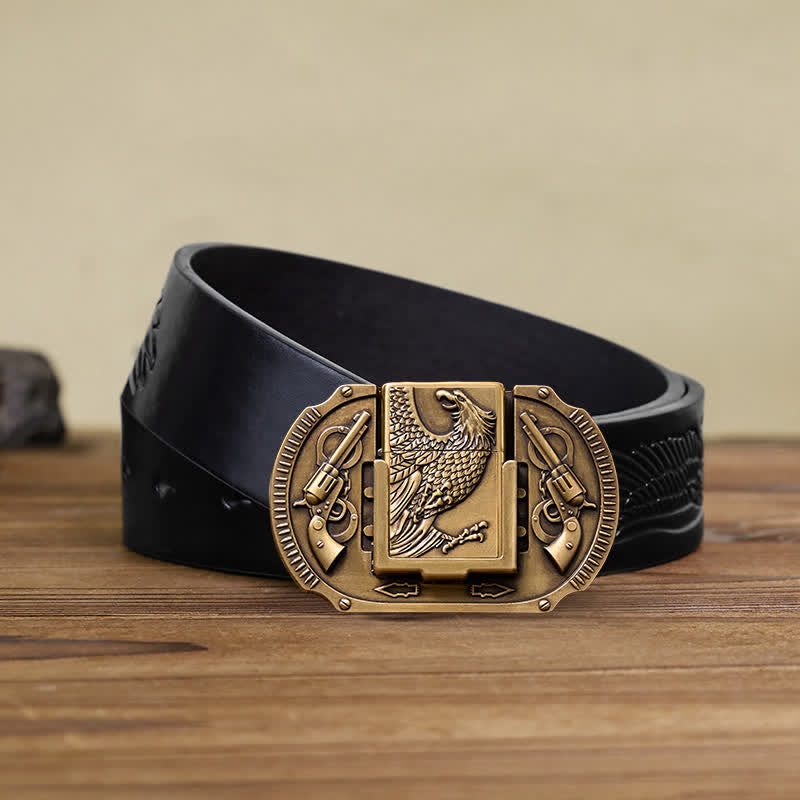 Men's DIY Bronze Eagle Guns Leather Belt with Hidden Lighter - Eagle - Black Embossed Eagle Belt - 42 - image 4