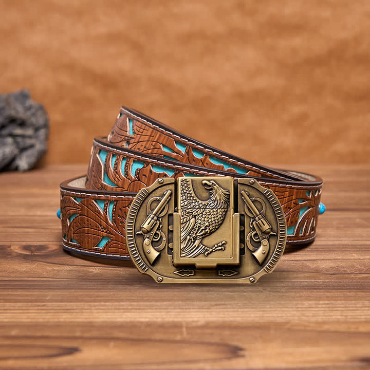 Men's DIY Bronze Eagle Guns Leather Belt with Hidden Lighter - Eagle - Turquoise Carved Belt - 42 - image 5