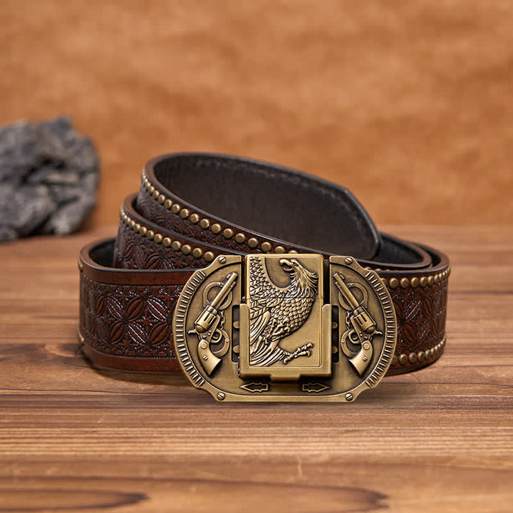 Men's DIY Bronze Eagle Guns Leather Belt with Hidden Lighter - Eagle - Brown Rivet Belt - 42 - image 6