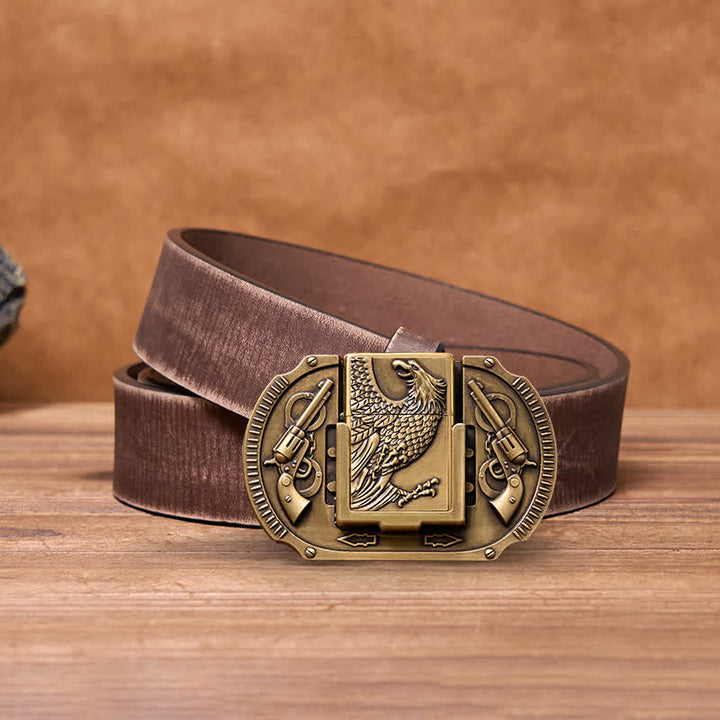 Men's DIY Bronze Eagle Guns Leather Belt with Hidden Lighter - Eagle - Brown Distressed Belt - 42 - image 7