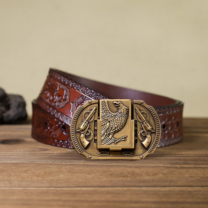 Men's DIY Bronze Eagle Guns Leather Belt with Hidden Lighter - Eagle - Brown Carved Belt - 42 - image 8