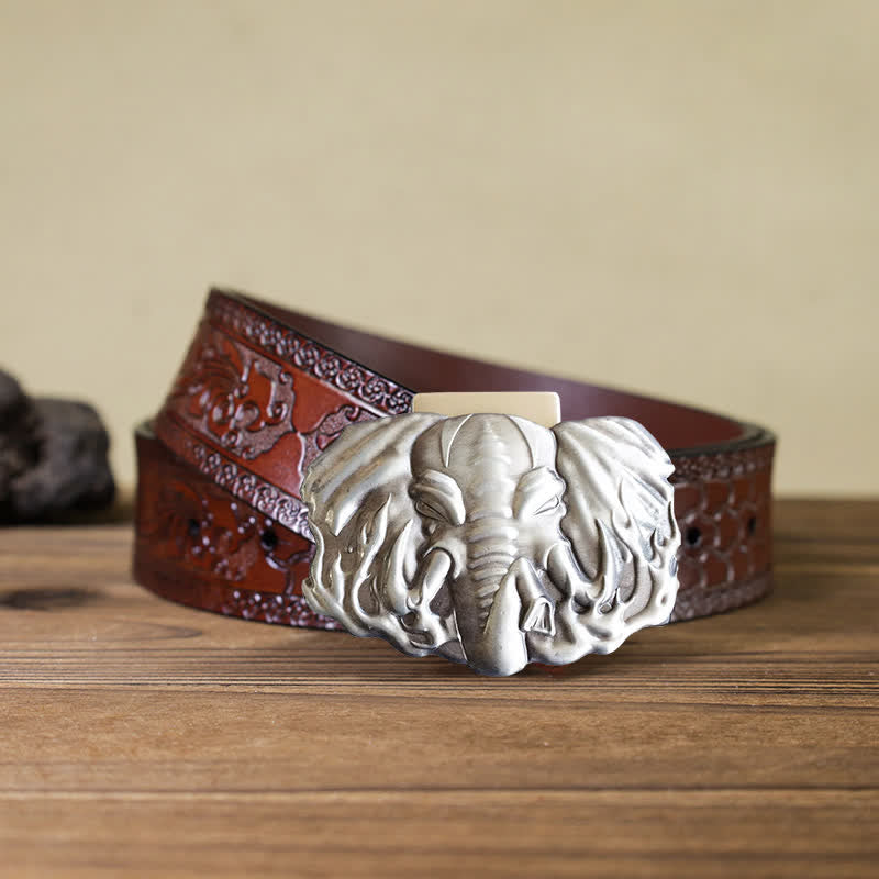 Men's DIY Silver Wildlife Elephant Leather Belt with Hidden Lighter - Elephant - Brown Carved Belt - 42 - image 8