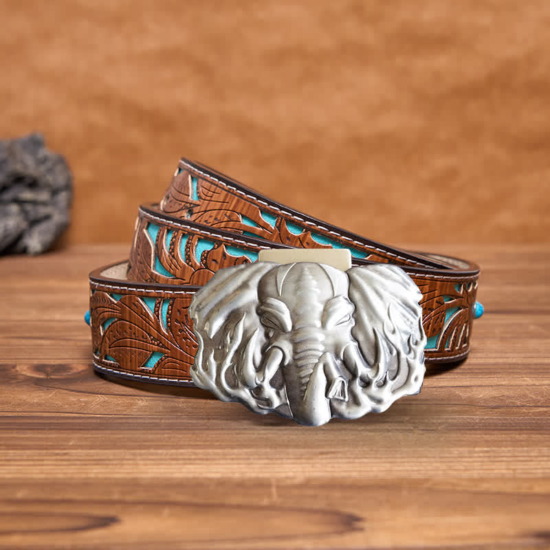 Men's DIY Silver Wildlife Elephant Leather Belt with Hidden Lighter - Elephant - Turquoise Carved Belt - 42 - image 5