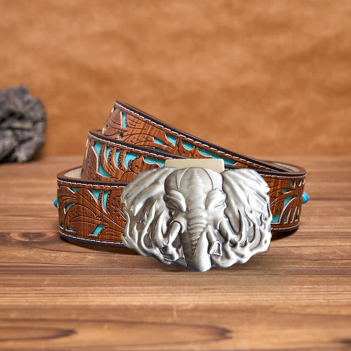 Men's DIY Silver Wildlife Elephant Leather Belt with Hidden Lighter - Elephant - Turquoise Carved Belt - 42 - image 5