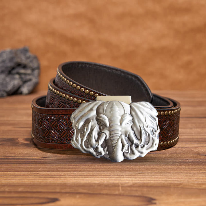 Men's DIY Silver Wildlife Elephant Leather Belt with Hidden Lighter - Elephant - Brown Rivet Belt - 42 - image 6
