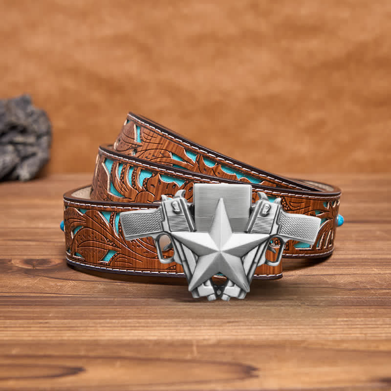 Men's DIY Dual Pistols & Star Leather Belt with Hidden Lighter - Dual Pistols & Star - Turquoise Carved Belt - 42 - image 3