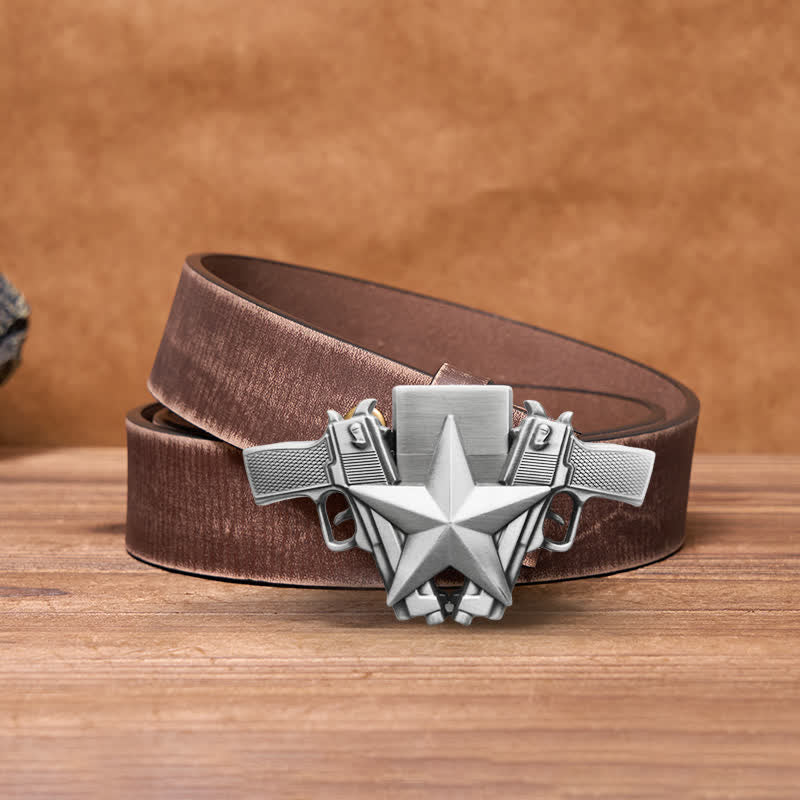 Men's DIY Dual Pistols & Star Leather Belt with Hidden Lighter - Dual Pistols & Star - Brown Distressed Belt - 42 - image 5