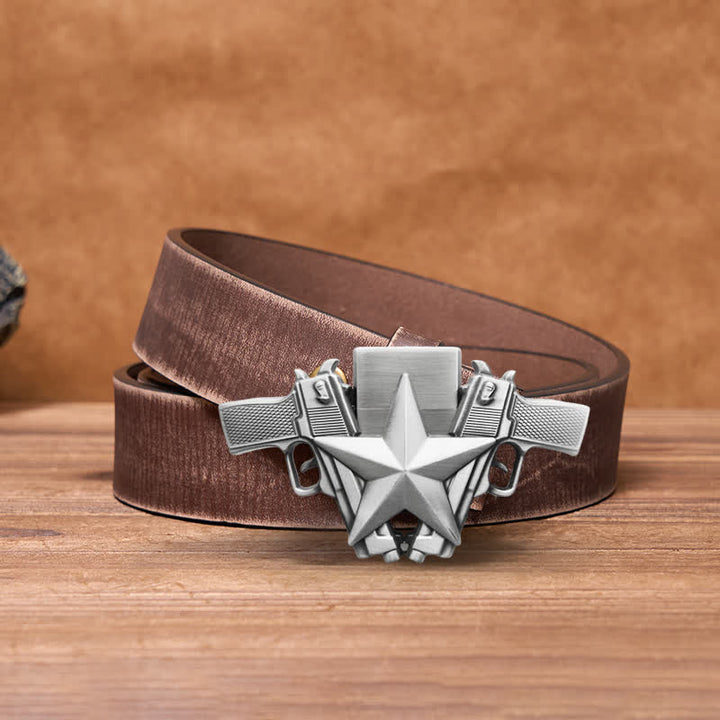 Men's DIY Dual Pistols & Star Leather Belt with Hidden Lighter - Dual Pistols & Star - Brown Distressed Belt - 42 - image 5