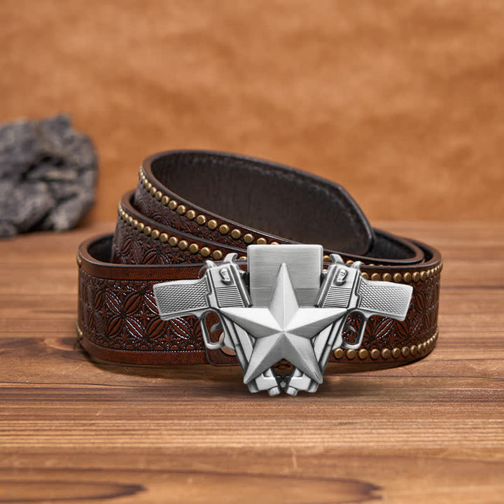 Men's DIY Dual Pistols & Star Leather Belt with Hidden Lighter - Dual Pistols & Star - Brown Rivet Belt - 42 - image 4