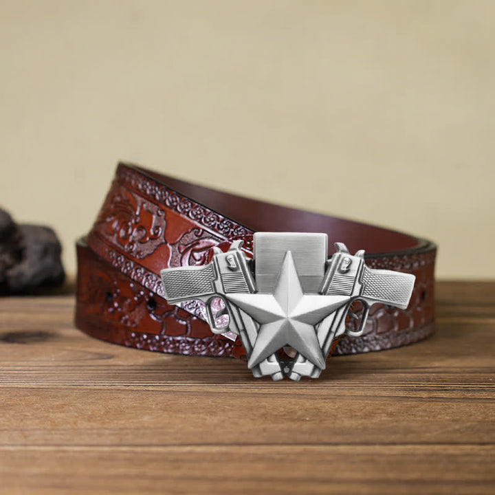 Men's DIY Dual Pistols & Star Leather Belt with Hidden Lighter - Dual Pistols & Star - Brown Carved Belt - 42 - image 6