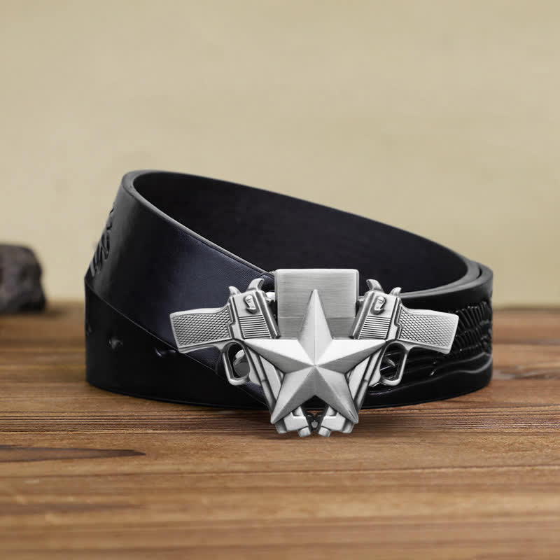 Men's DIY Dual Pistols & Star Leather Belt with Hidden Lighter - Dual Pistols & Star - Black Embossed Eagle Belt - 42 - image 2