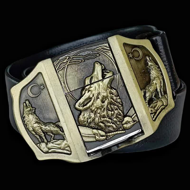 Men's Wolf Howling Black Leather Belt With Hidden Lighter - Black - 46 - image 0
