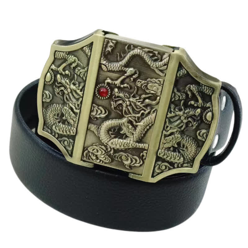 Men's Triple Dragons Relief Leather Belt With Hidden Lighter - Black - 46 - image 0