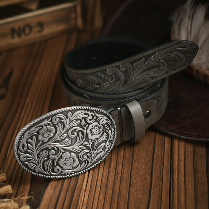 Western Carved Flower Buckle Cowboy Dress Leather Belt - Silver / Black - 38 - image 0
