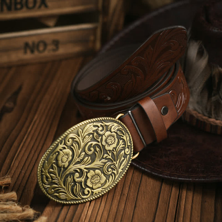 Western Carved Flower Buckle Cowboy Dress Leather Belt - Bronze / Brwon - 38 - image 3