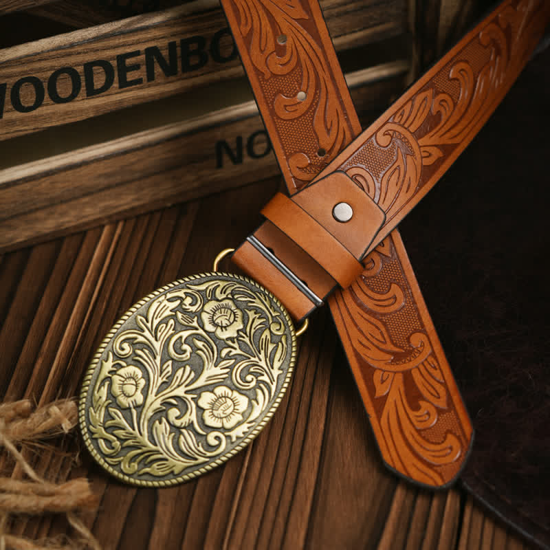 Western Carved Flower Buckle Cowboy Dress Leather Belt - Bronze / Orange - 38 - image 2