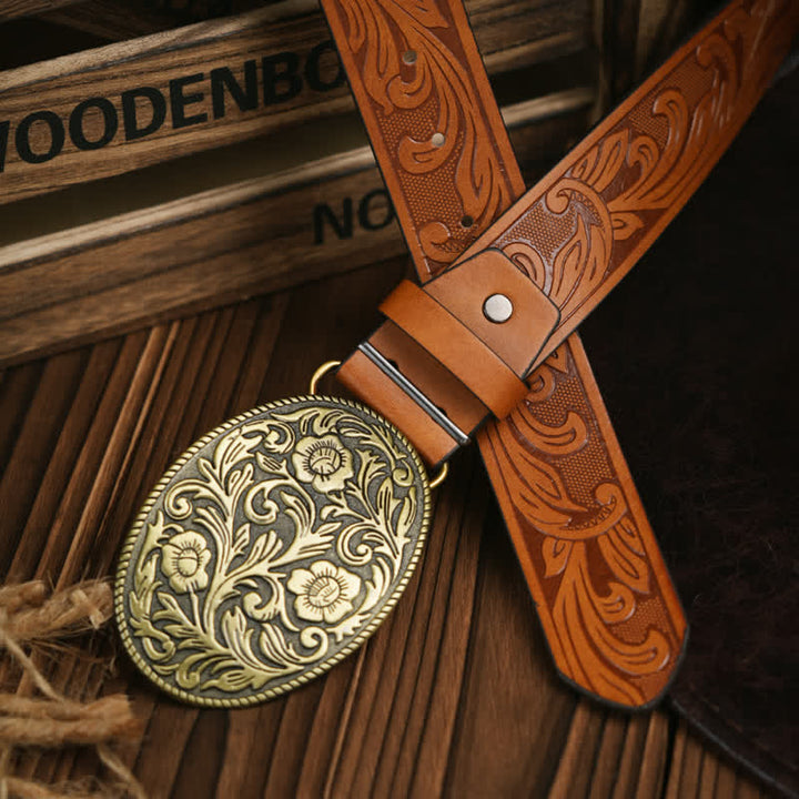 Western Carved Flower Buckle Cowboy Dress Leather Belt - Bronze / Orange - 38 - image 2