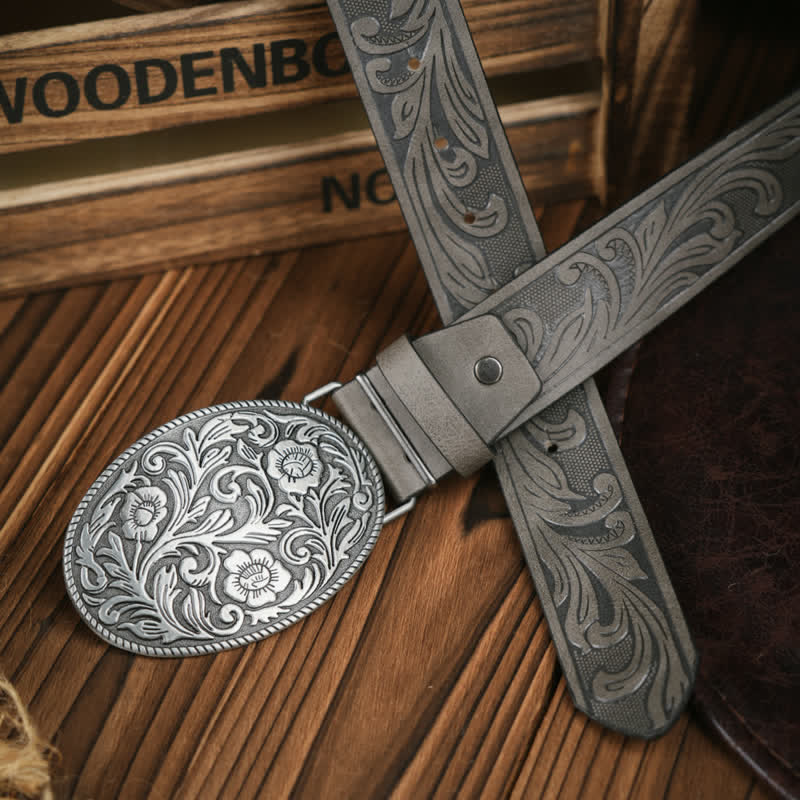 Western Carved Flower Buckle Cowboy Dress Leather Belt - Silver / Gray - 38 - image 1