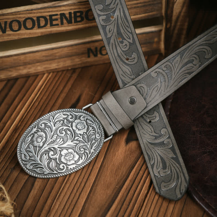 Western Carved Flower Buckle Cowboy Dress Leather Belt - Silver / Gray - 38 - image 1