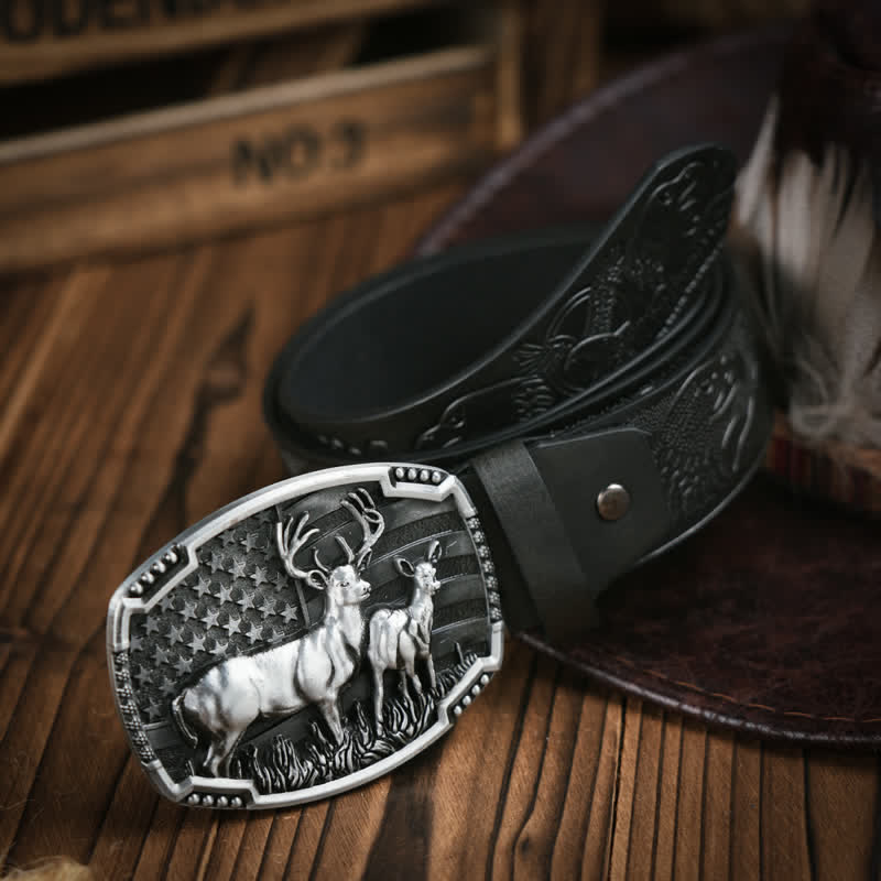 Deer Decoration Flag Background Embossed Pattern Leather Belt - Silver / Black - 38 - image 0