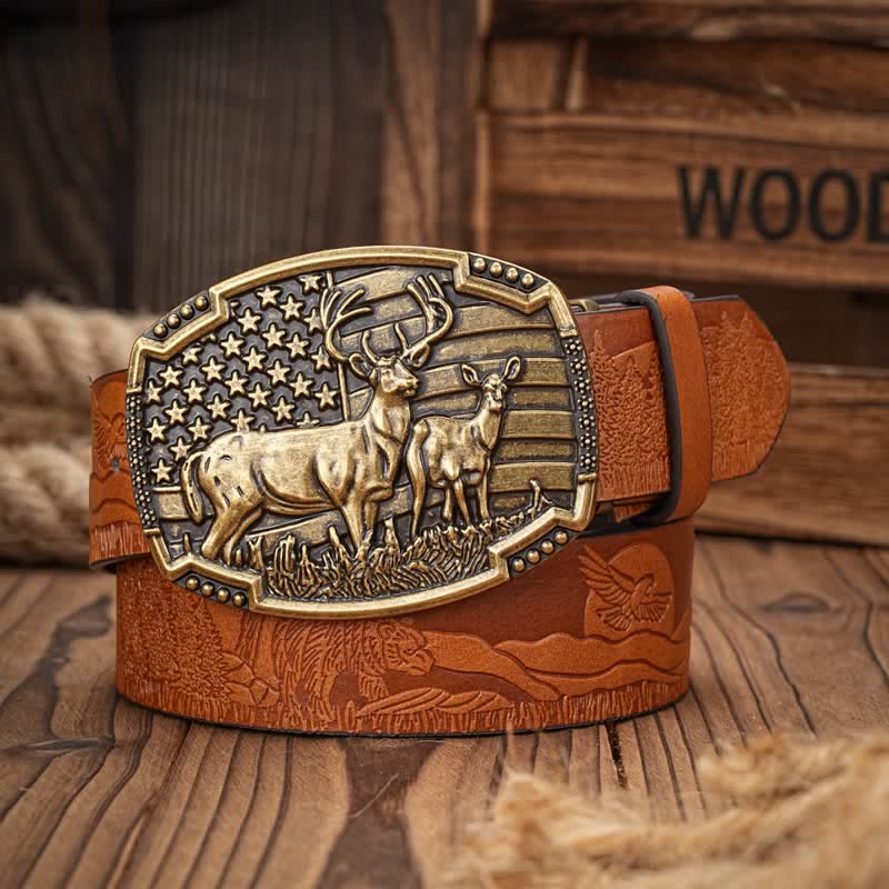 Deer Decoration Flag Background Embossed Pattern Leather Belt - Bronze / Orange - 38 - image 1