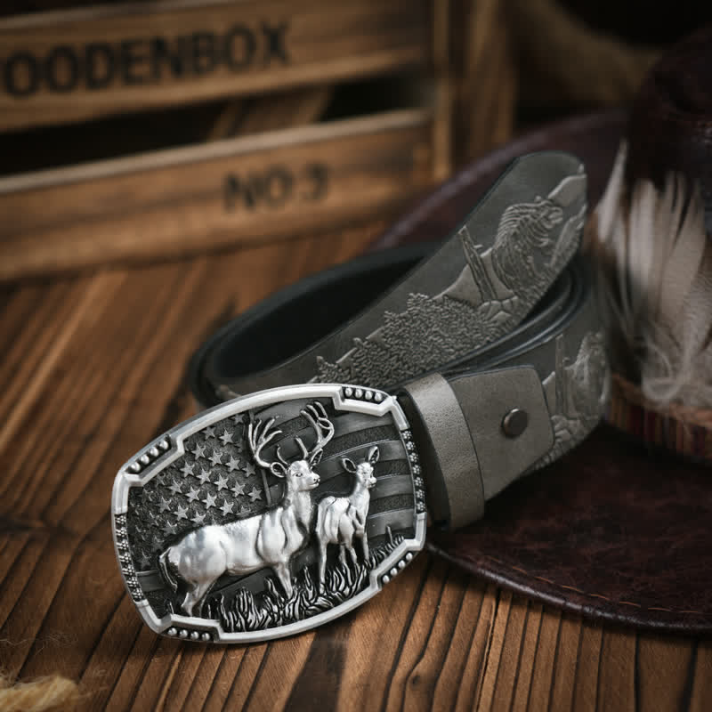 Deer Decoration Flag Background Embossed Pattern Leather Belt - Silver / Gray - 38 - image 3