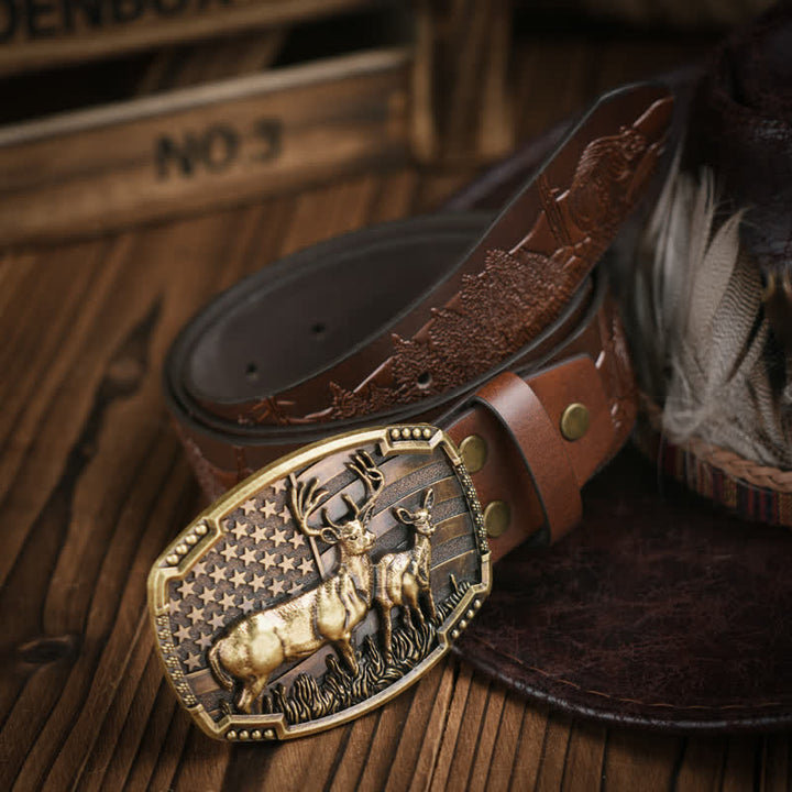 Deer Decoration Flag Background Embossed Pattern Leather Belt - Bronze / Brown - 38 - image 2