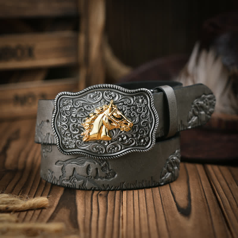 Cowboy Style Golden Horse Head Embossed Pattern Leather Belt - Gray - 38 - image 3