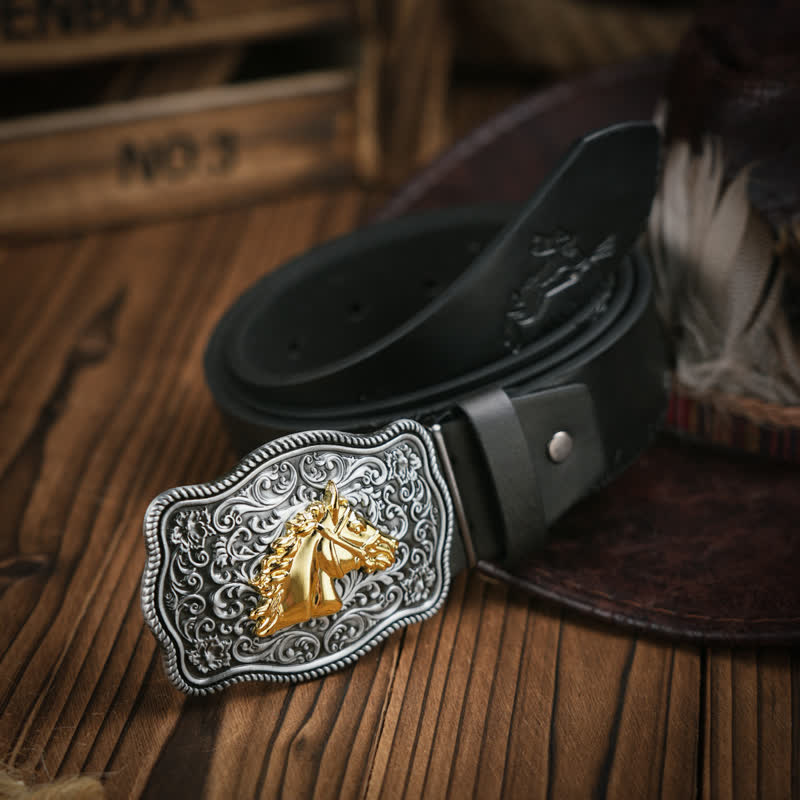 Cowboy Style Golden Horse Head Embossed Pattern Leather Belt - Black - 38 - image 2