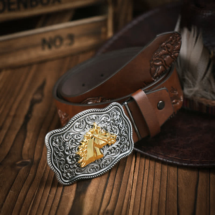 Cowboy Style Golden Horse Head Embossed Pattern Leather Belt - Brown - 38 - image 1