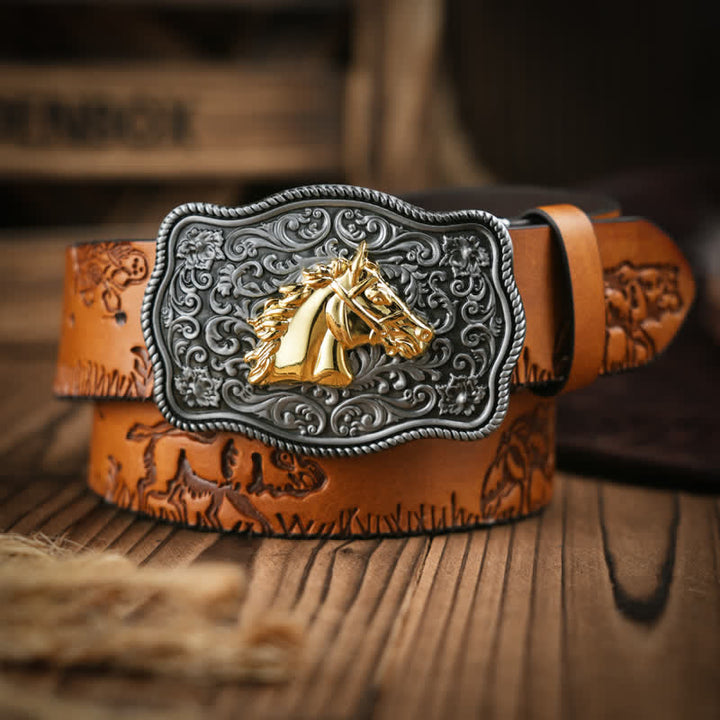 Cowboy Style Golden Horse Head Embossed Pattern Leather Belt - Orange - 38 - image 0