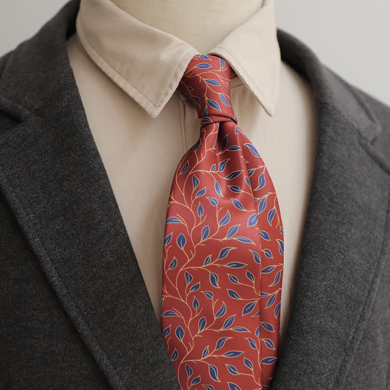 Men's Dark Red & Navy Leaves Floral Printed Necktie - Dark Red & Navy - image 0