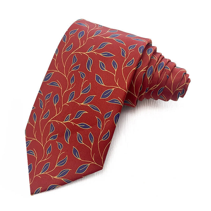 Men's Dark Red & Navy Leaves Floral Printed Necktie - image 1