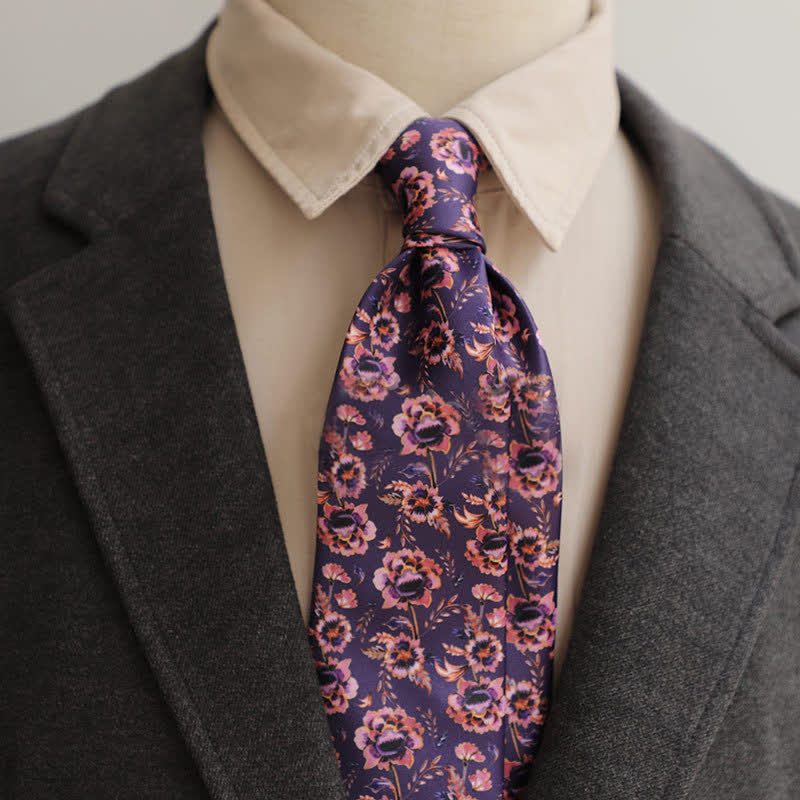 Men's Elegant Dark Purple Pink Floral Wedding Necktie - Dark Purple - image 0